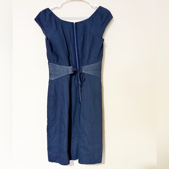 Rebecca Taylor Navy Linen Blend Dress with Lamb Leather Sides & Corset Back 8 - Picture 5 of 8